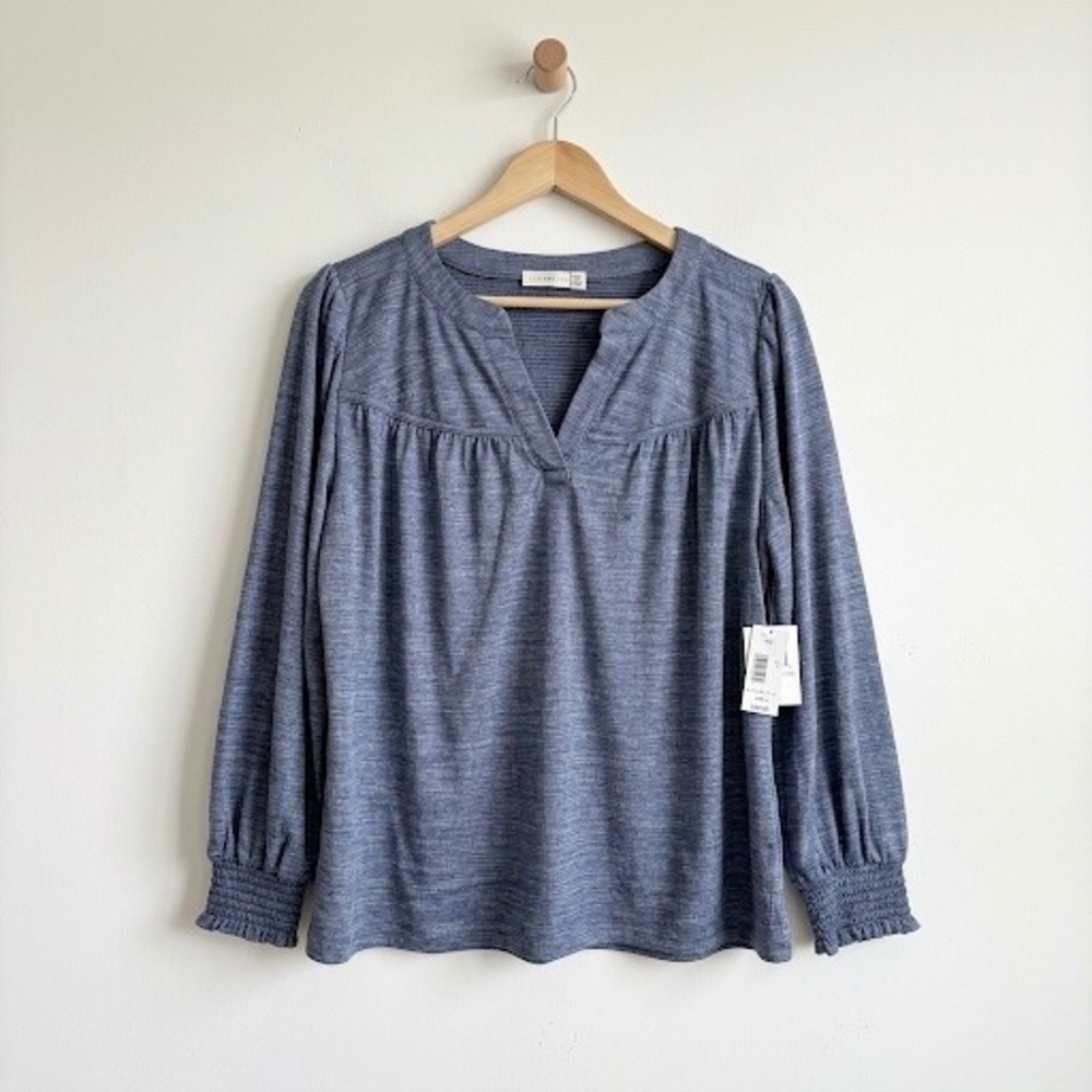 Retrology Poseidon Blue Heathered Split Neck Smocked Cuff Blouse Large NWT L